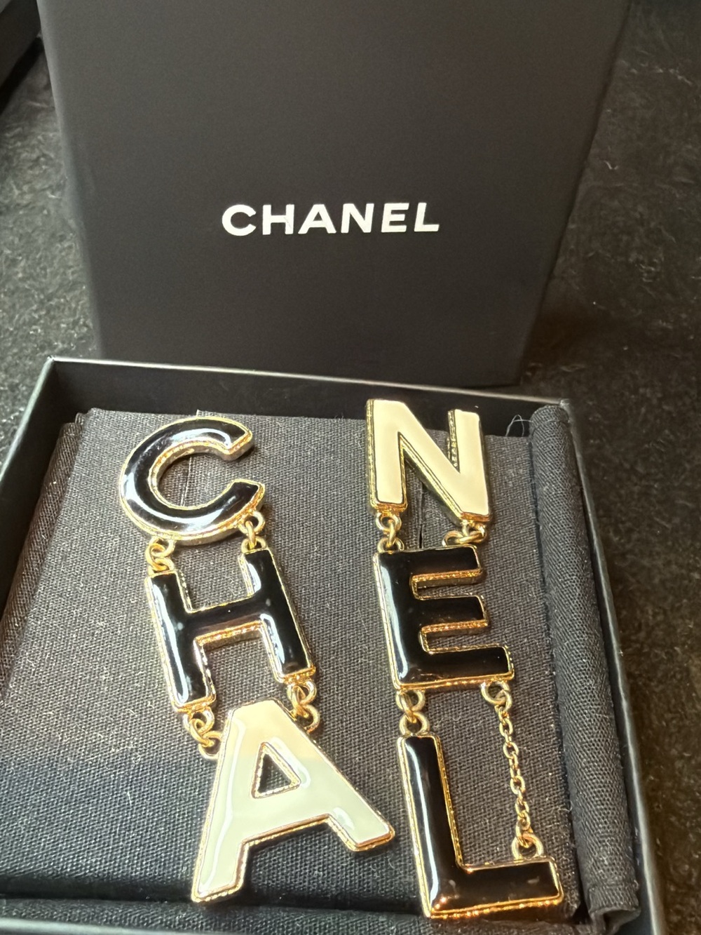 CHANEL Gold and Black Letter Drop Earrings